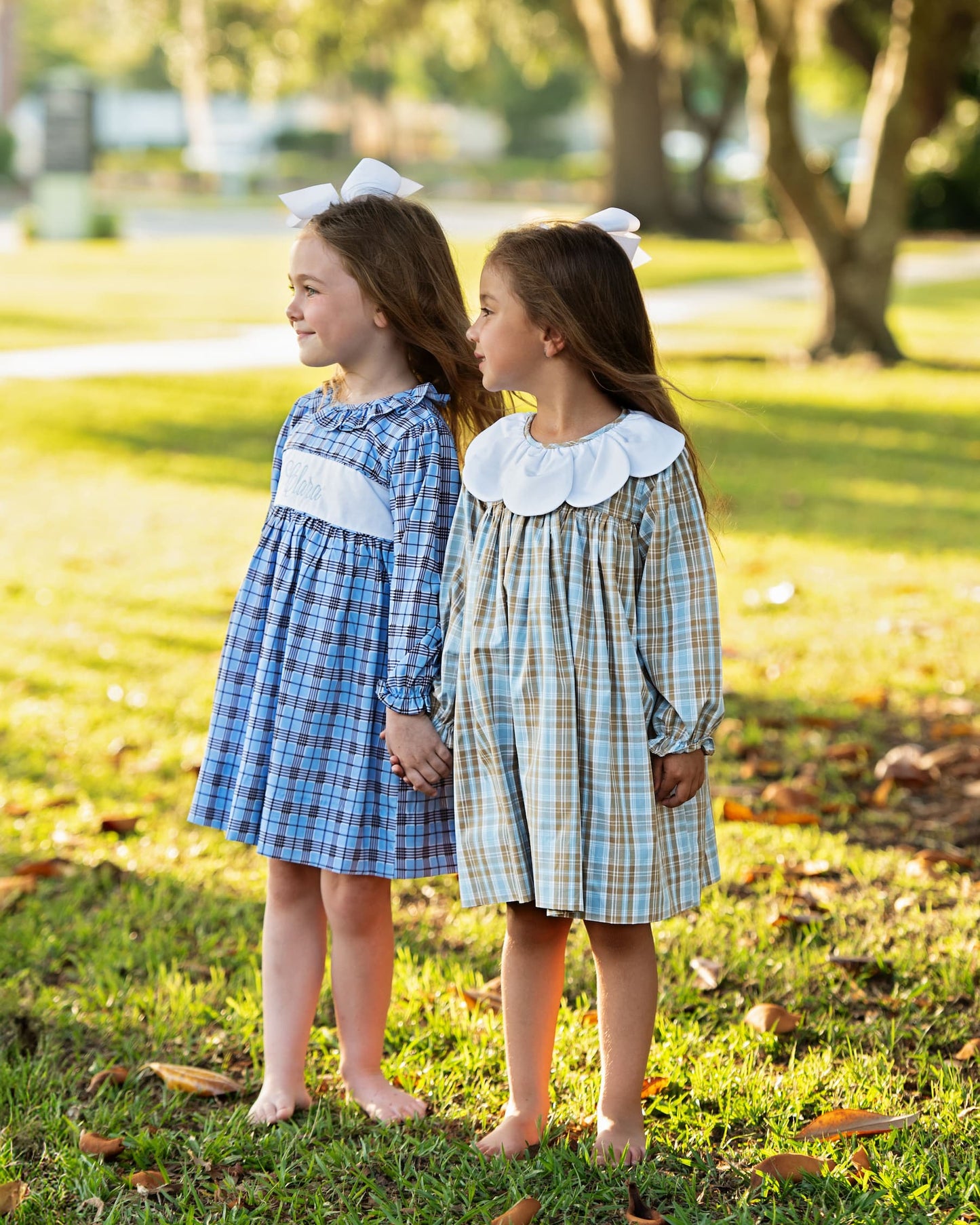 Two young girls in plaid dresses standing on grass with trees in the background