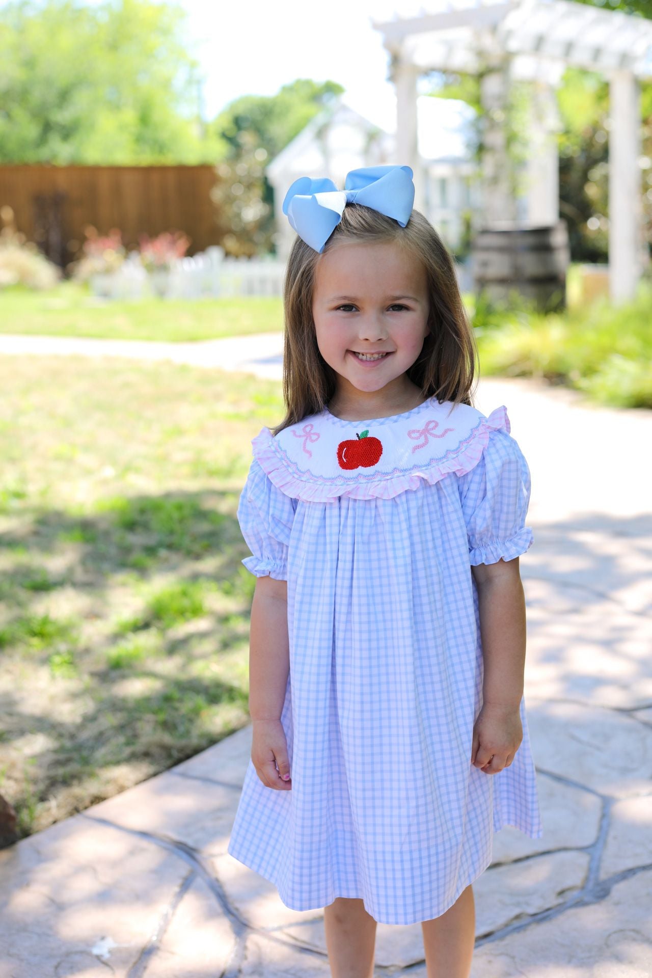 Blue And Pink Windowpane Smocked Apple And Bow Dress