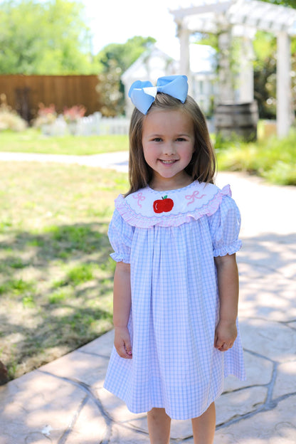 Blue And Pink Windowpane Smocked Apple And Bow Dress