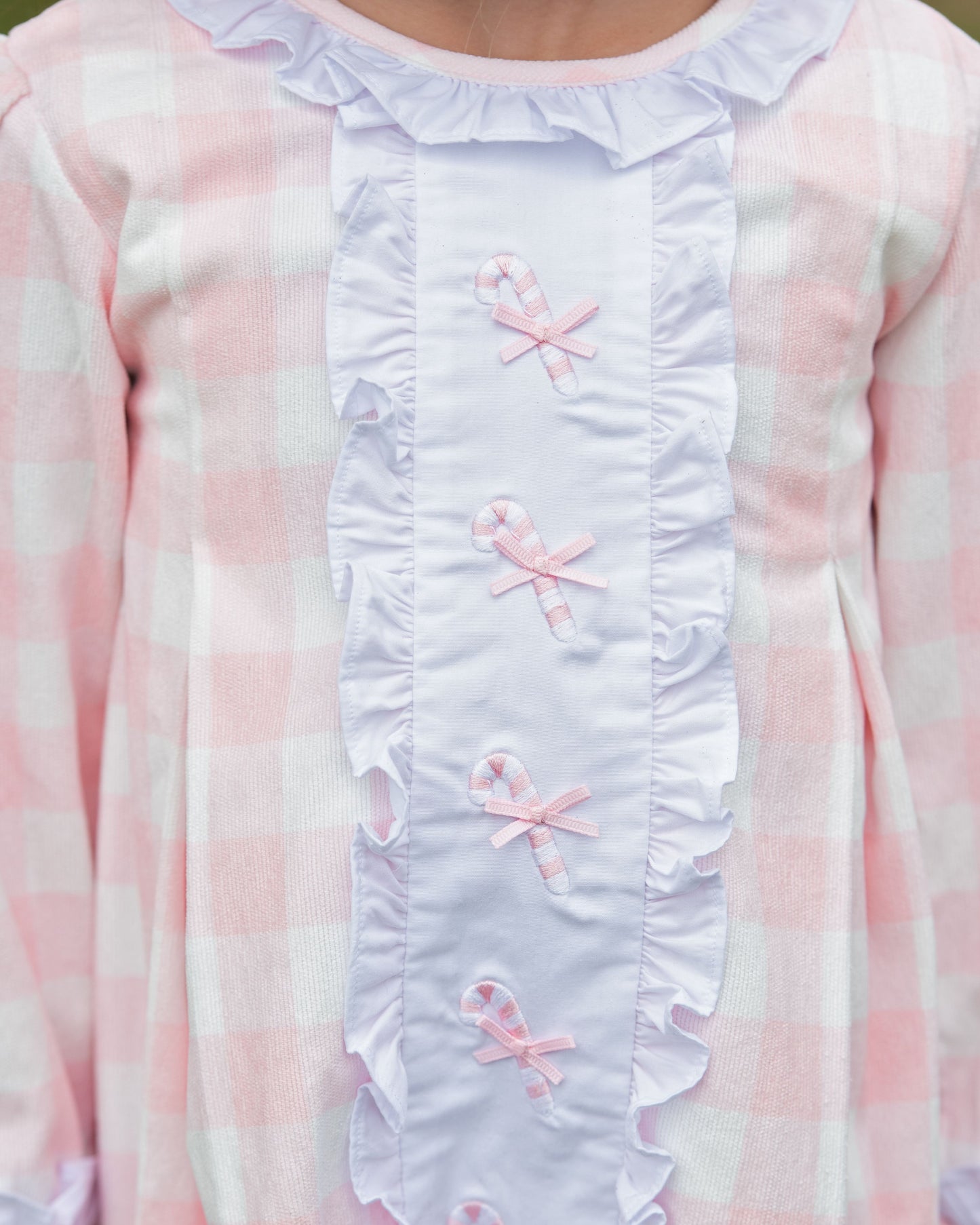 Pink Corduroy Check Embroidered Candy Cane Dress