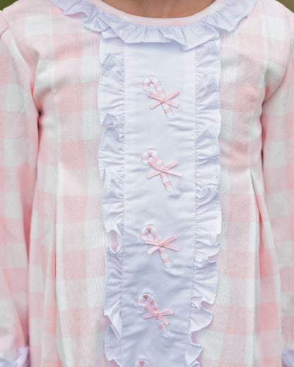 Pink Corduroy Check Embroidered Candy Cane Dress