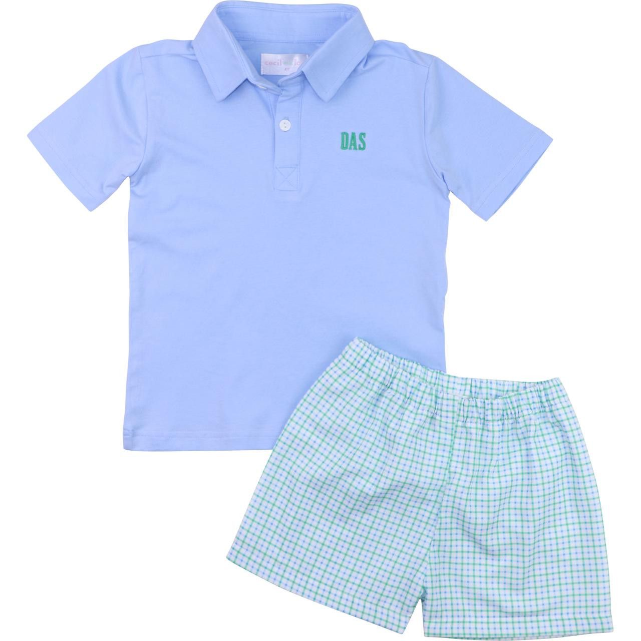 Blue And Green Windowpane Polo Short Set