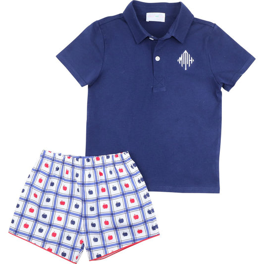 Navy And Red Apple Polo Short Set