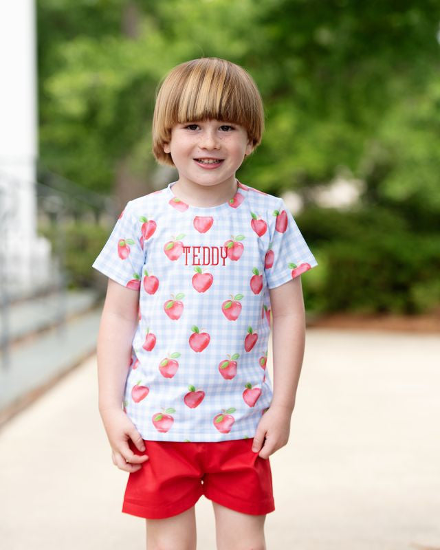 Blue Check Apple Print Short Set