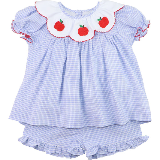 Blue Gingham Seersucker Apple Short Set