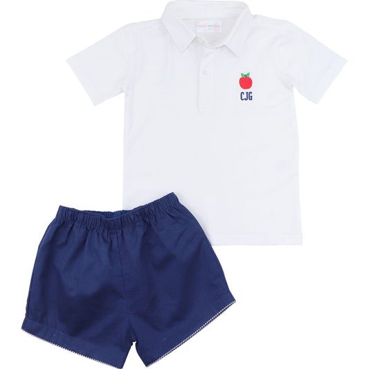 Navy And White Embroidered Polo Short Set