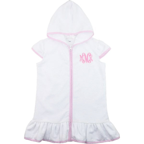 White baby hooded towel with pink trim and lettering on a white background
