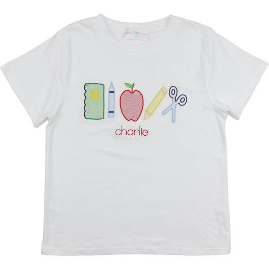 White Embroidered Back To School Knit Shirt