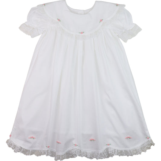 White Embroidered Rosette Dress