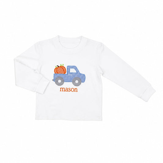 White Knit Applique Pumpkin And Truck Shirt1