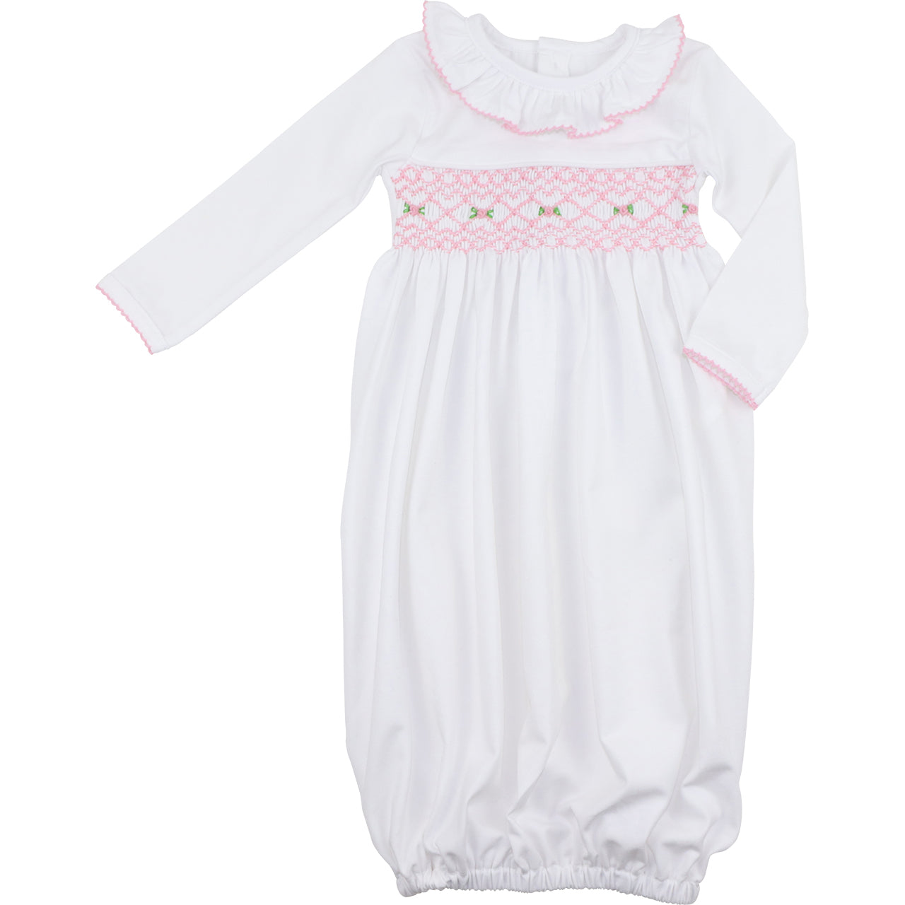 White Knit Smocked Rosette Baby Gown