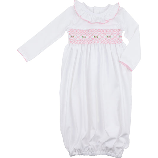 White Knit Smocked Rosette Baby Gown