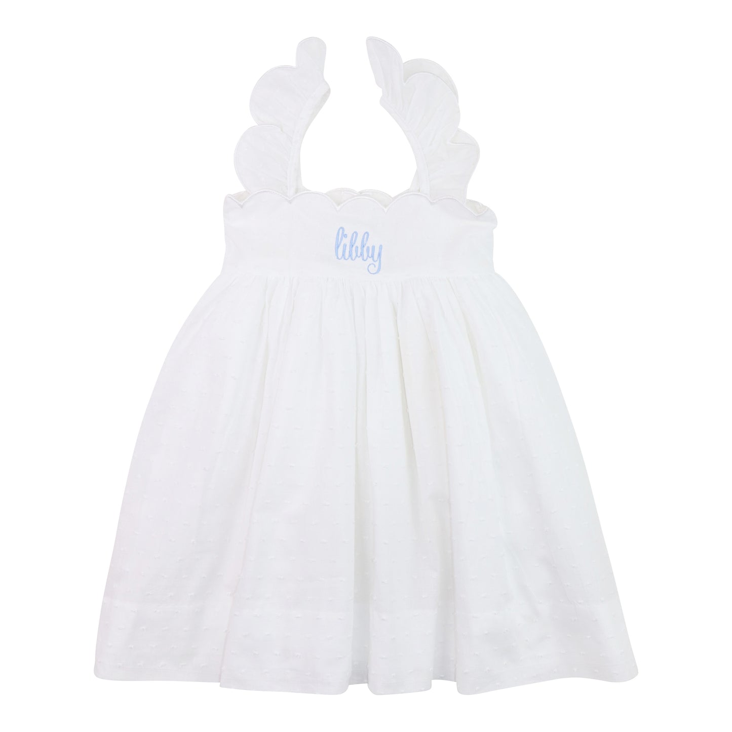 White dress with 'libby' embroidery on a white background