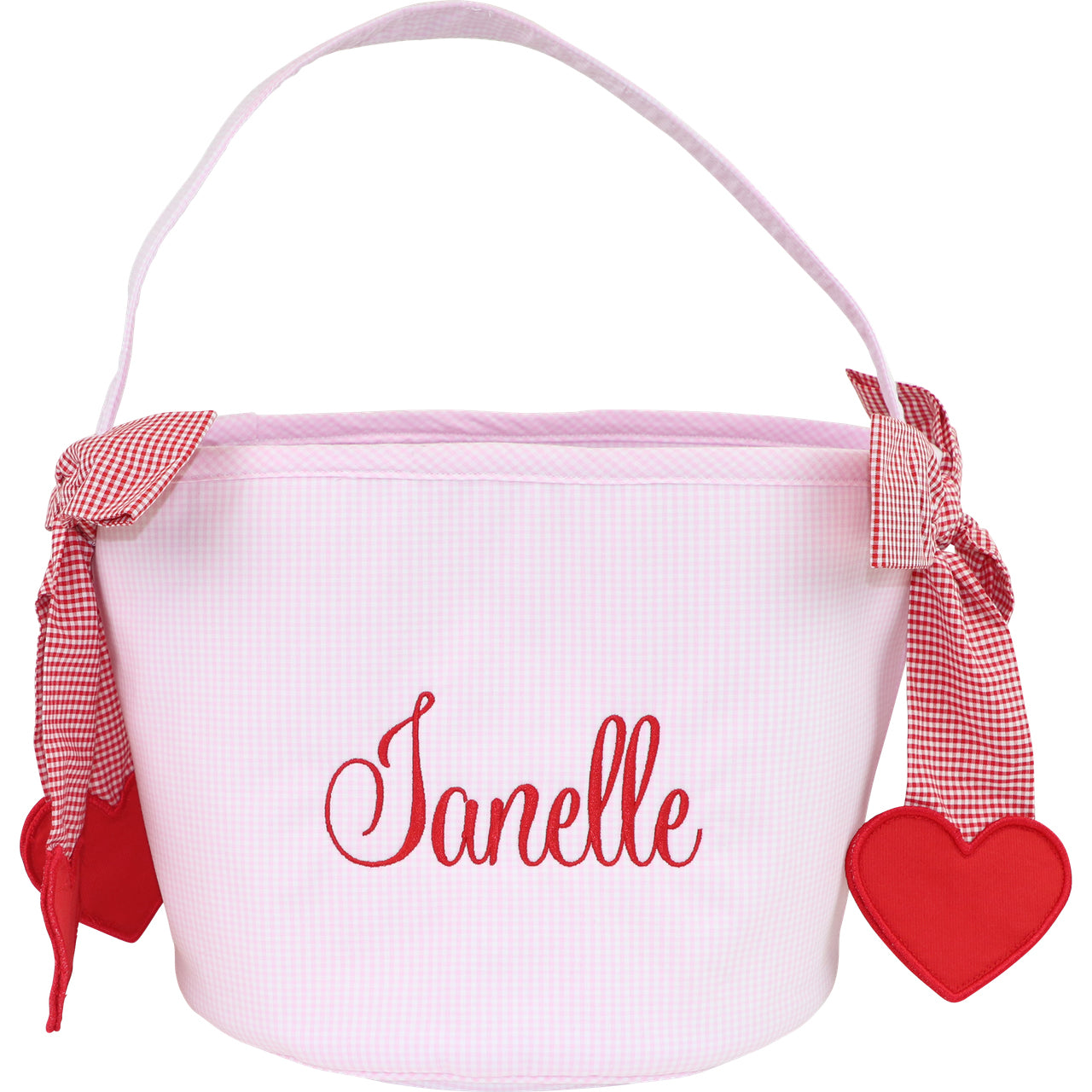 White bucket with red text 'Janelle', red checkered ribbons, and a red heart on a white background