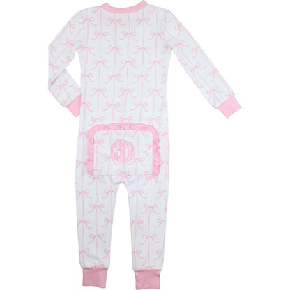 White onesie with pink bows and trim on a white background