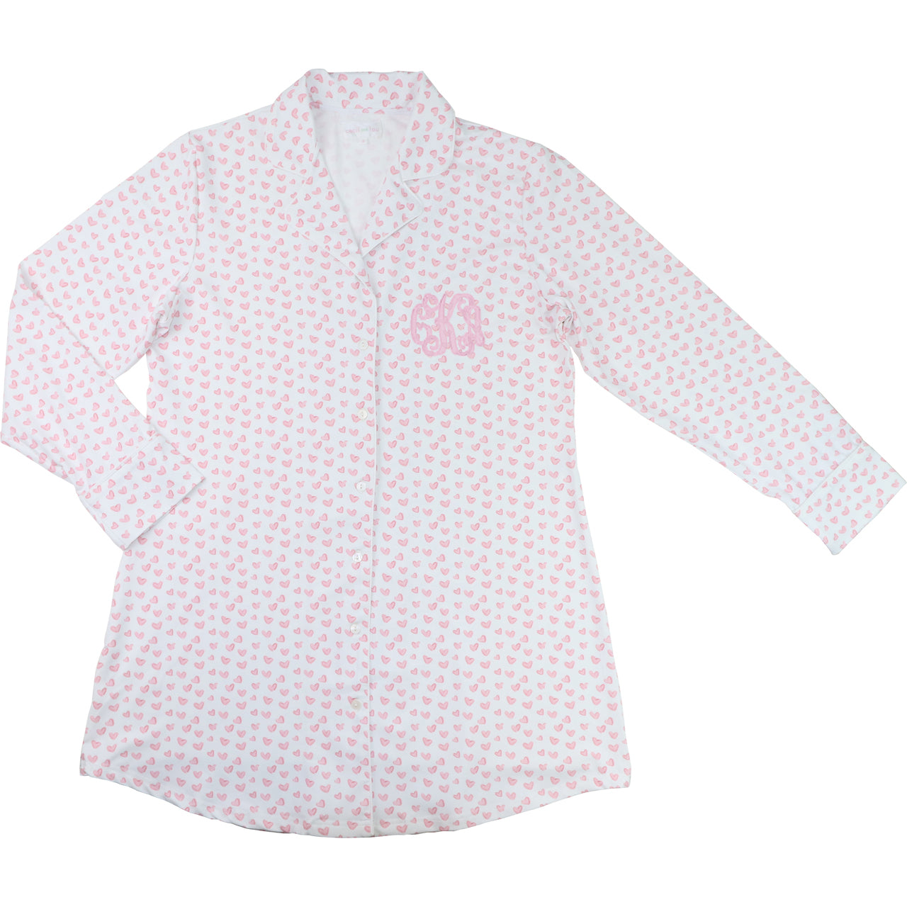 White shirt with pink floral pattern on a white background