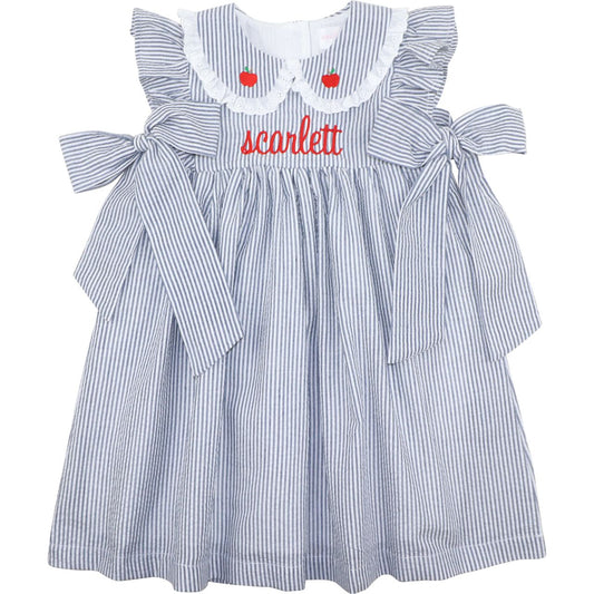 Navy Seersucker Apple Dress