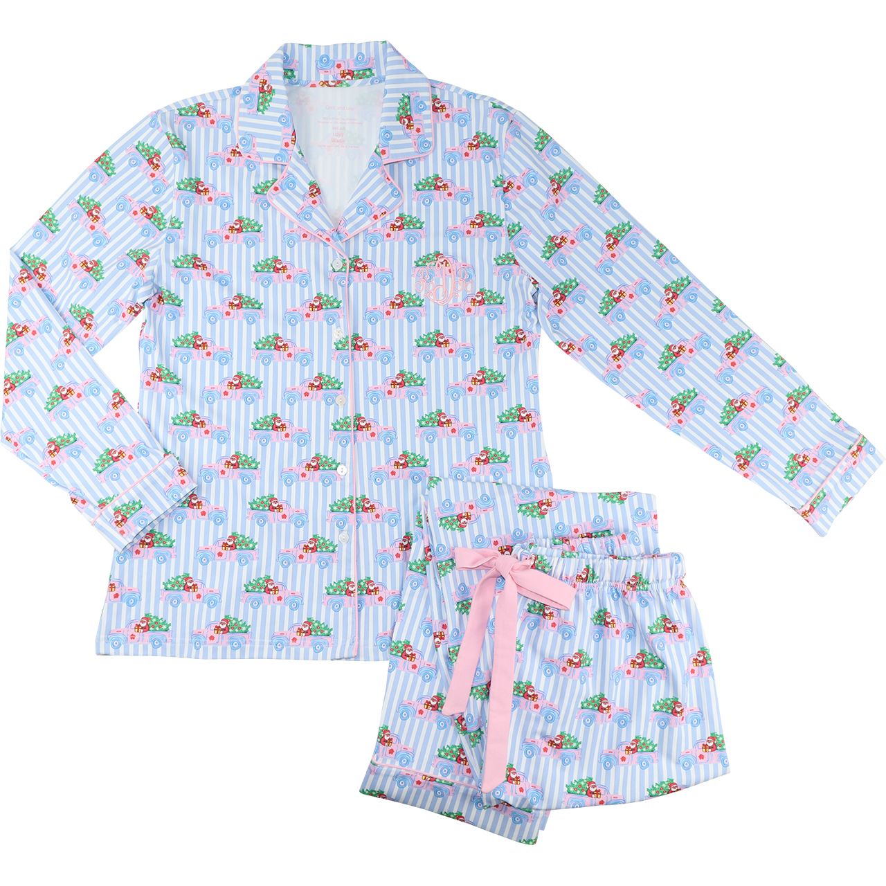 Women's Blue Striped Santa Truck Knit Pajamas