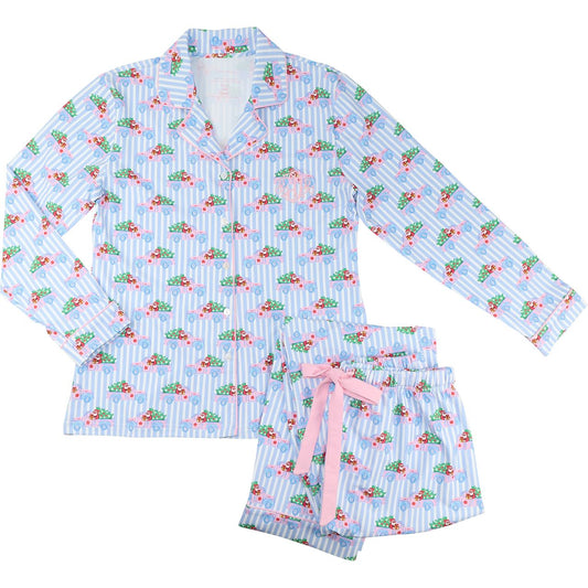 Women's Blue Striped Santa Truck Knit Pajamas