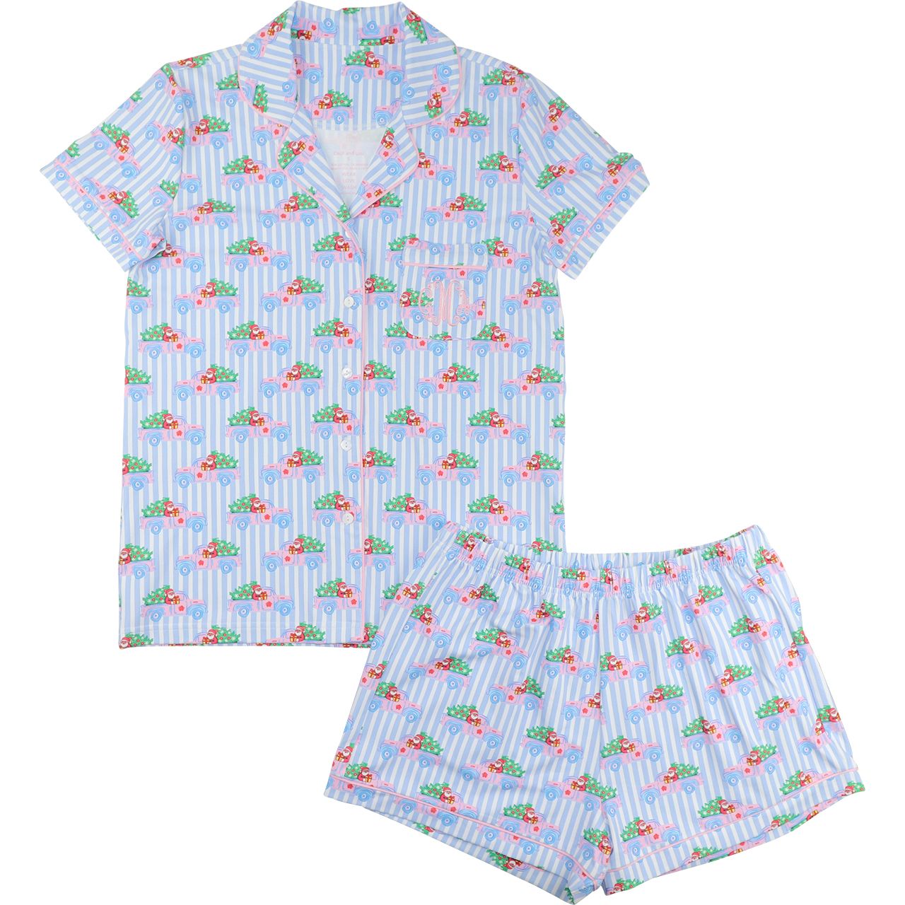 Women's Blue Striped Santa Truck Knit Shorty  Pajama Set