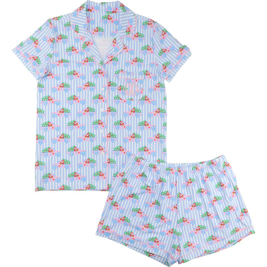 Women's Blue Striped Santa Truck Knit Shorty  Pajama Set