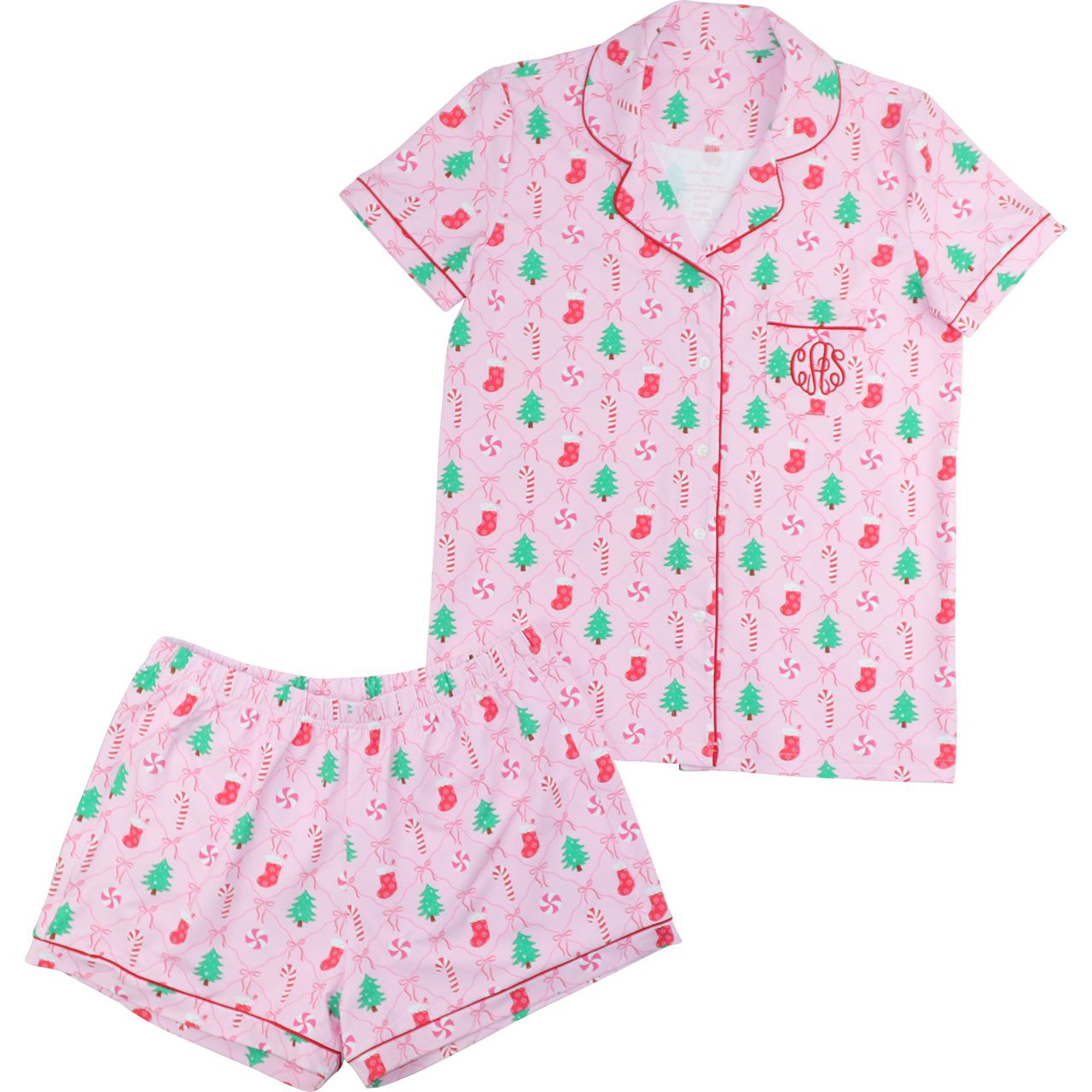 Women's Pink Christmas Candy Knit Shorty  Pajama Set
