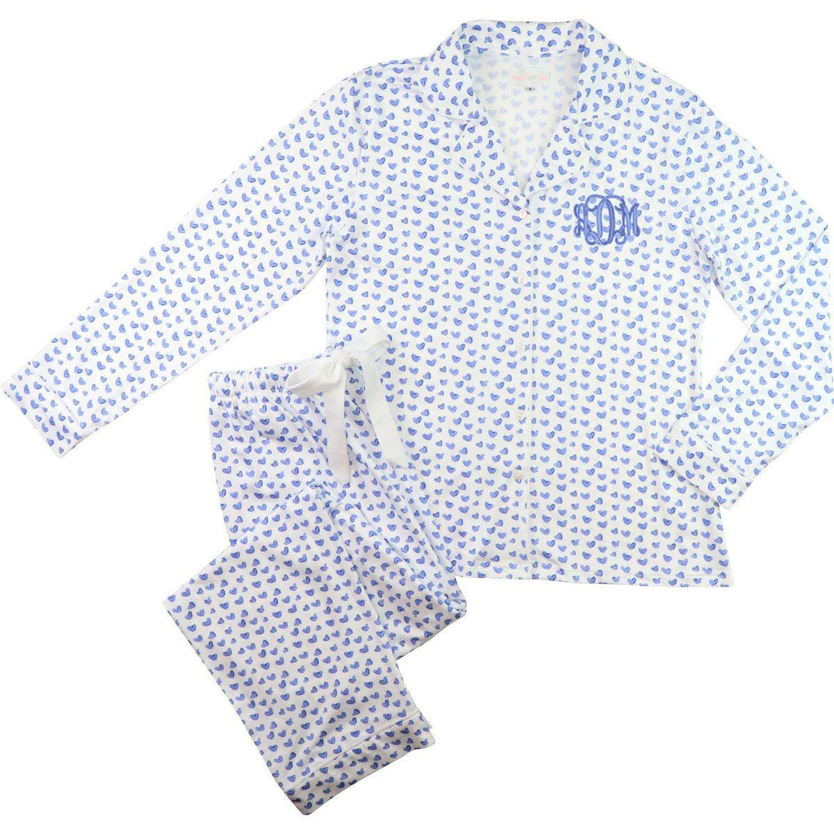 Women's White pajama set with blue floral pattern and monogram on a white background