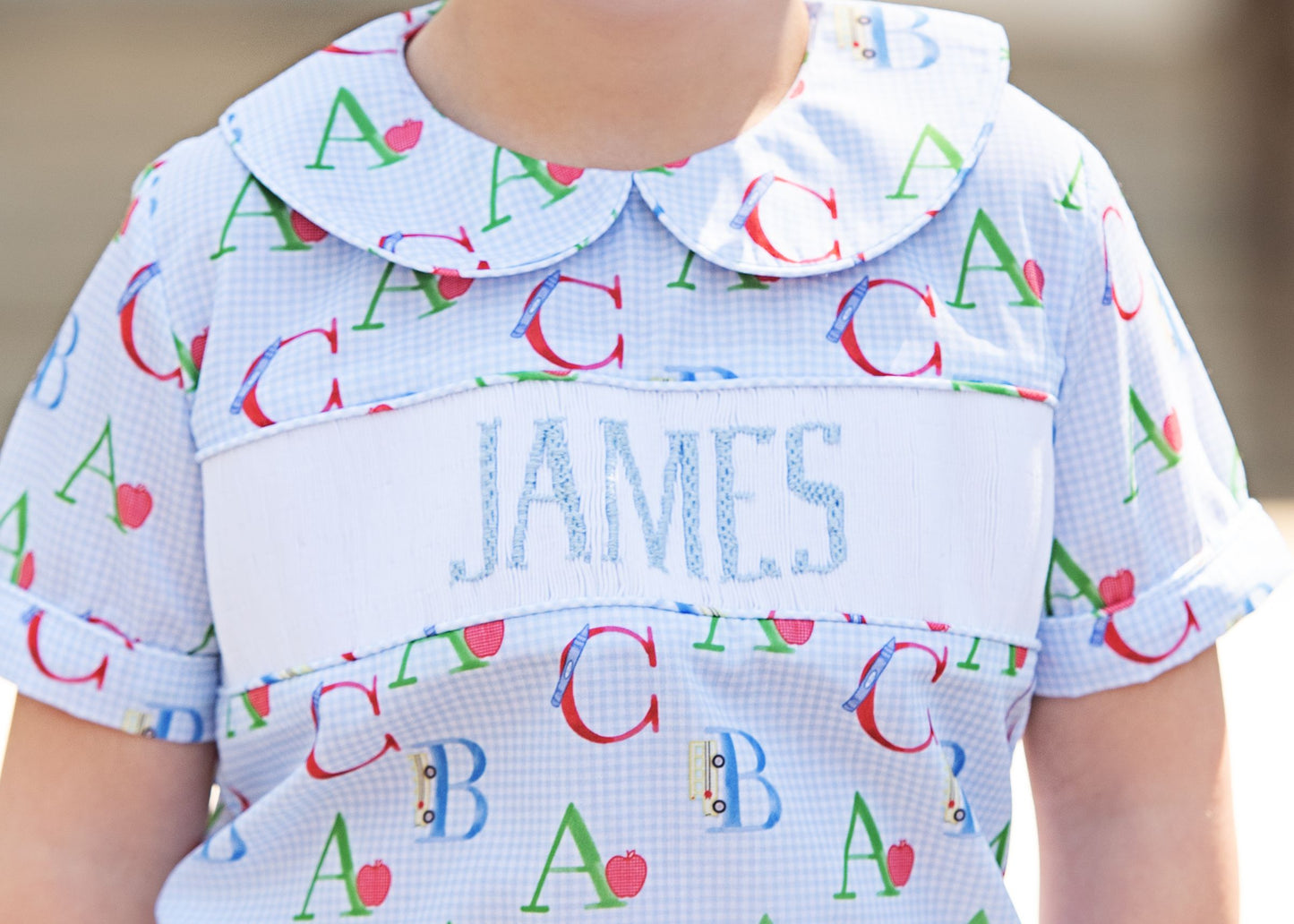 Blue Gingham Custom Smocked Alphabet Short Set