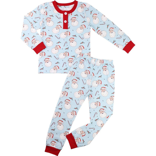 Blue Knit Vintage Santa And Candy Cane Pajamas