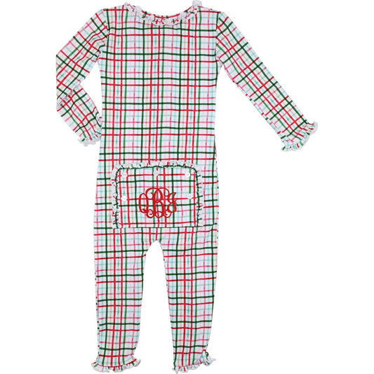 Red And Green Plaid Windowpane Knit Ruffle Zipper Pajamas