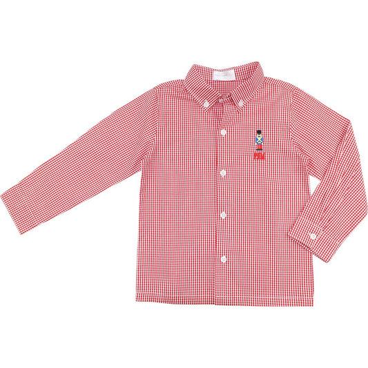 Red Gingham Embroidered Nutcracker Button Down Shirt