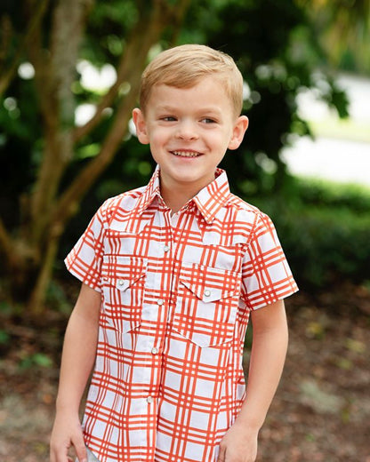 Orange Plaid Pearl Snap Shirt