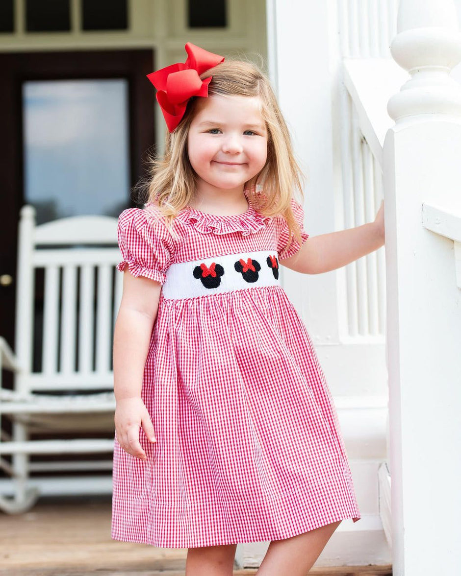 Petit Bebe Girls Red Gingham Smocked School House Dress - Side Bows main image 0