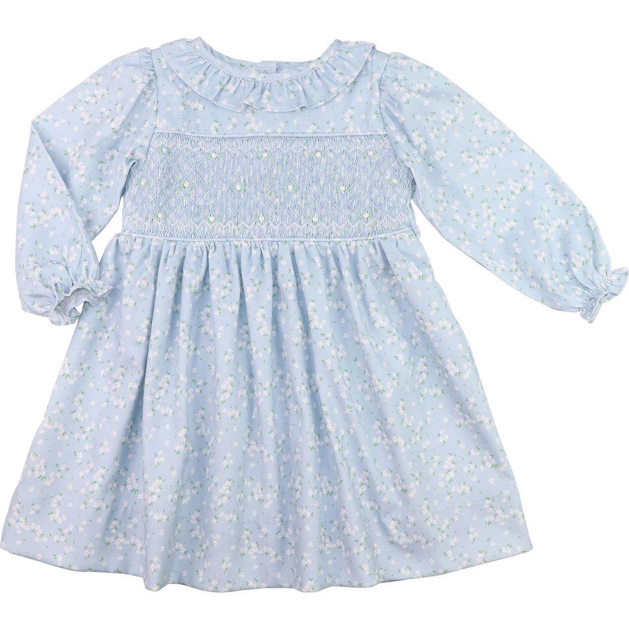 Blue Floral Corduroy Smocked Dress