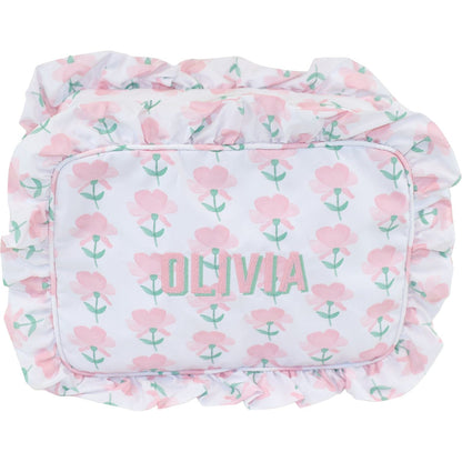 Pink And Green Floral Ruffle Zipper Pouch