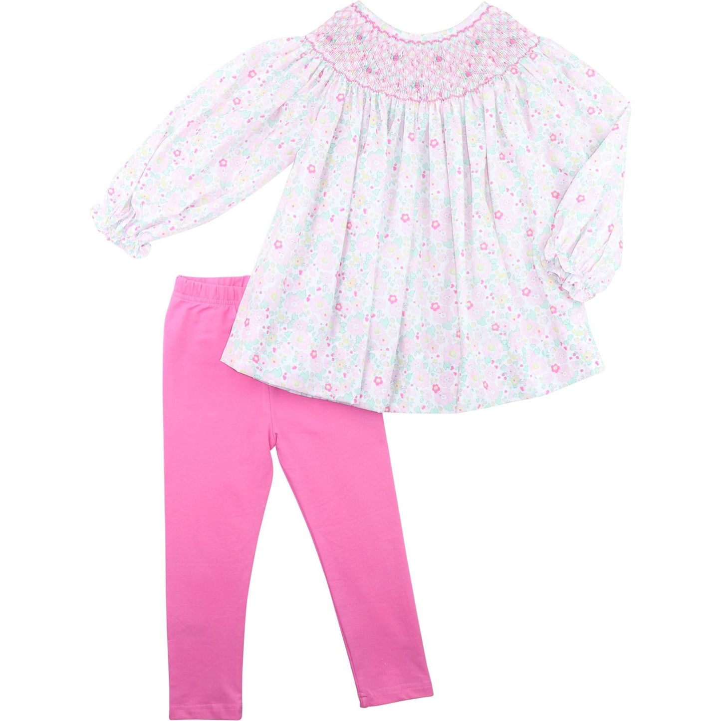 Pink And Green Floral Smocked Legging Set