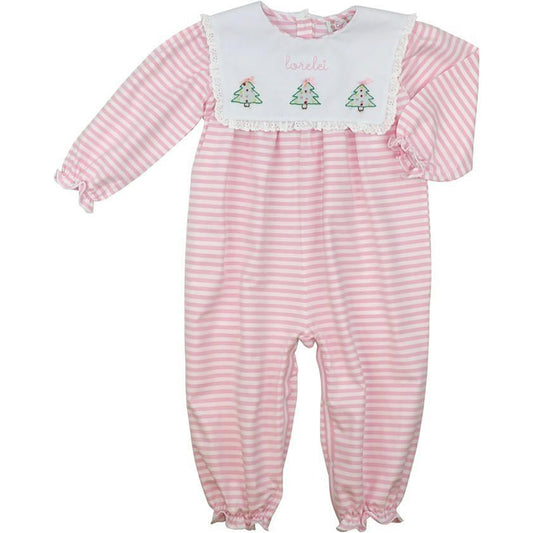 Pink Striped Knit Embroidered Christmas Tree Long Bubble