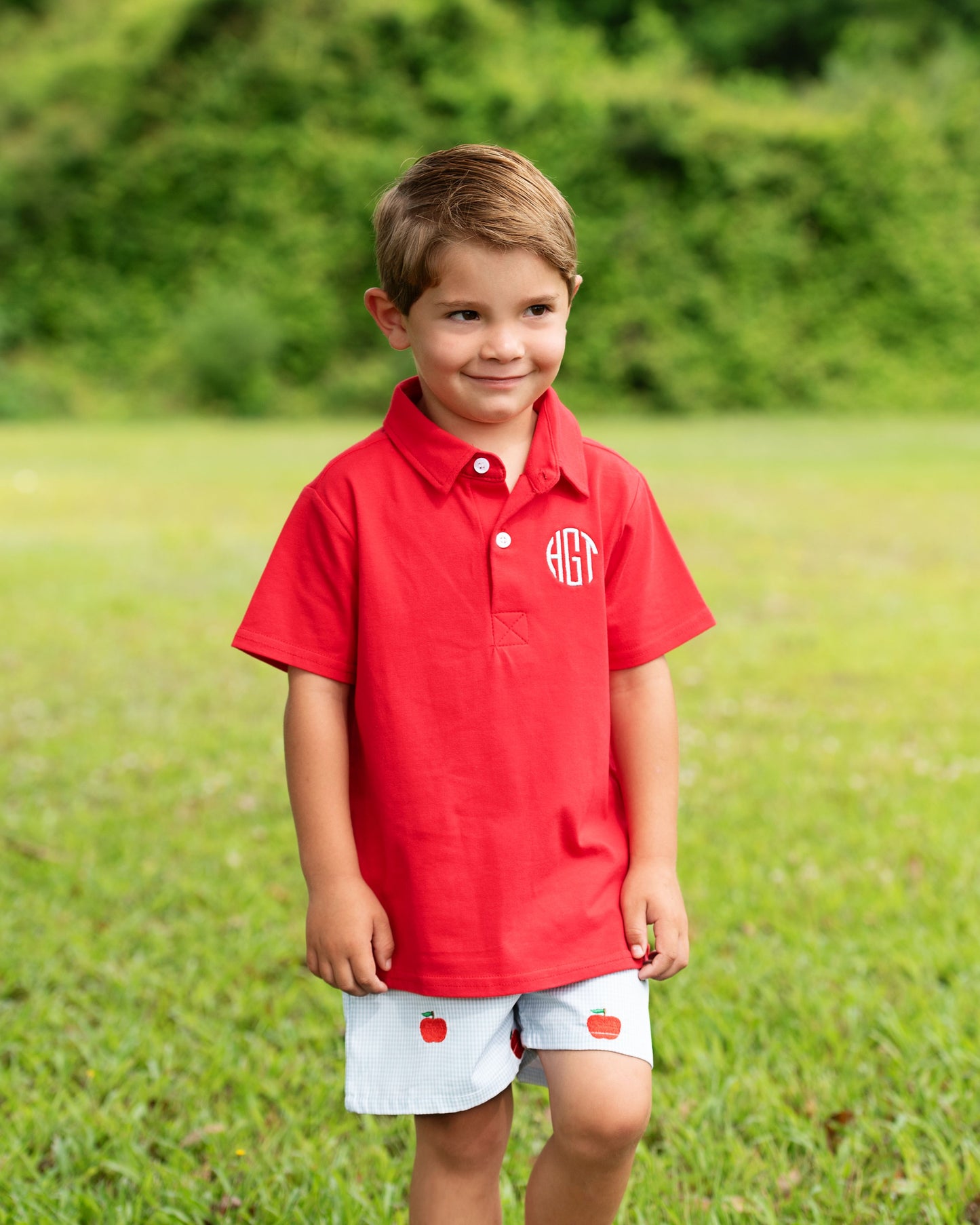 Blue Gingham Embroidered Apple Red Polo Short Set