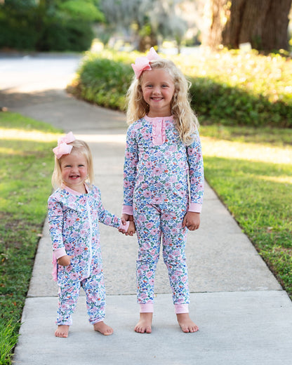 Pink And Blue Liberty Floral Knit Zipper Pajamas