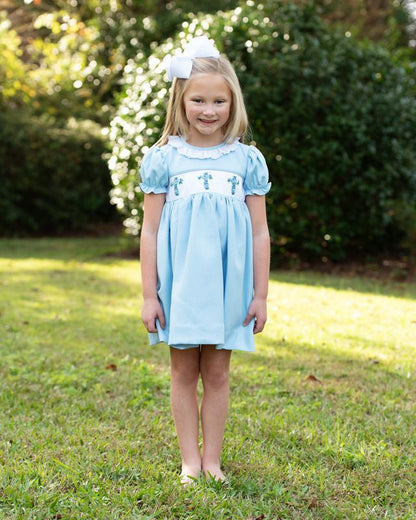 Blue Honeycomb Eyelet Smocked Cross Dress