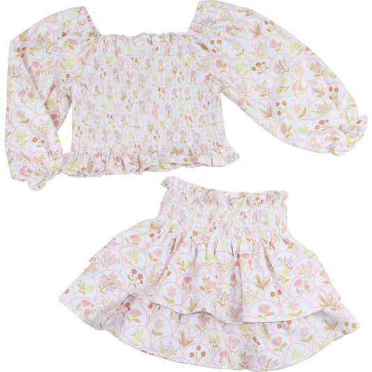 Fall Scalloped Flower Print Smocked Skirt Set