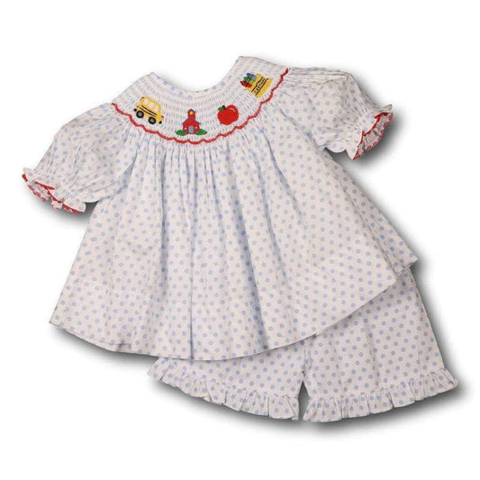 Blue Dot Smocked Back To School Short Set