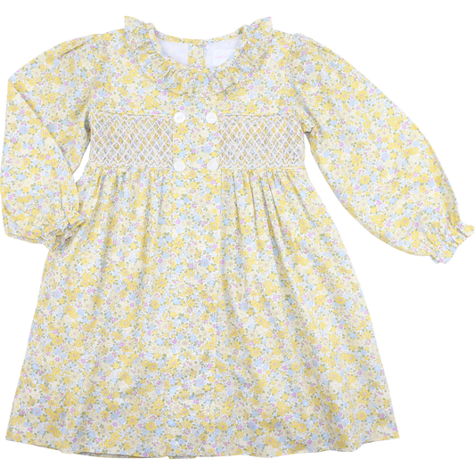 Yellow And Blue Floral Smocked Dress