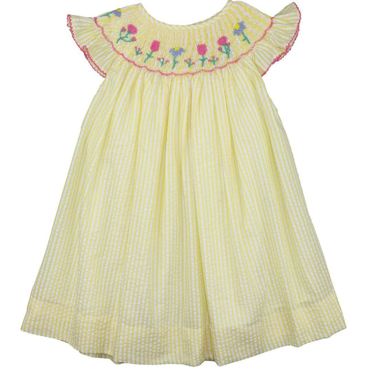 Yellow Seersucker Smocked Flower Dress