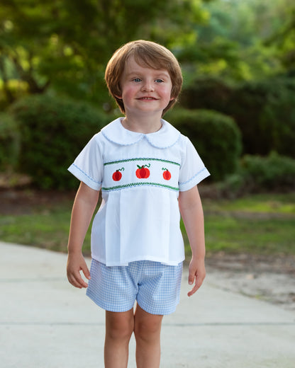 Boy wearing the Blue Gingham Smocked Pumpkin Short Set outdoors