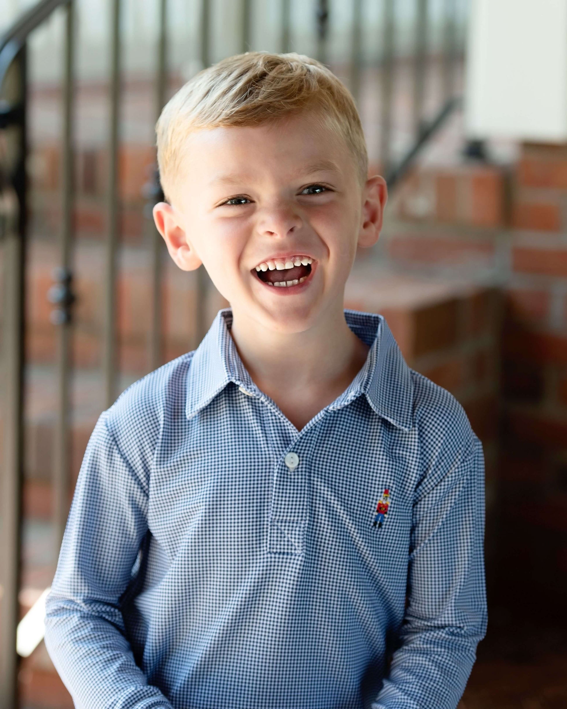 Young boy wearing a blue gingham shirt with a nutcracker, standing indoors.