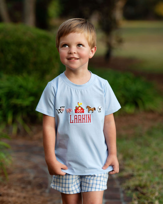 Young boy wearing a light blue t-shirt with graphics and the name 'Larkin' outdoors.