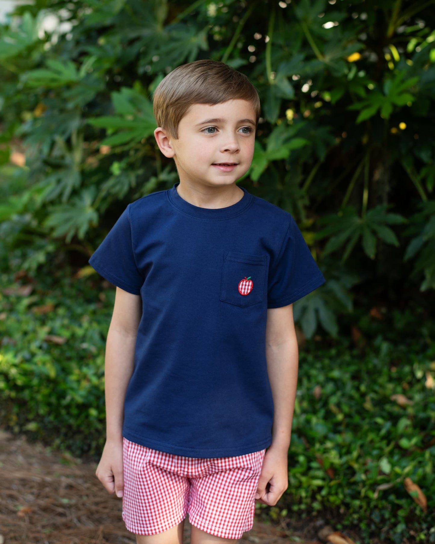 Young boy wearing navy shirt with apple on the pocket and red gingham shorts.