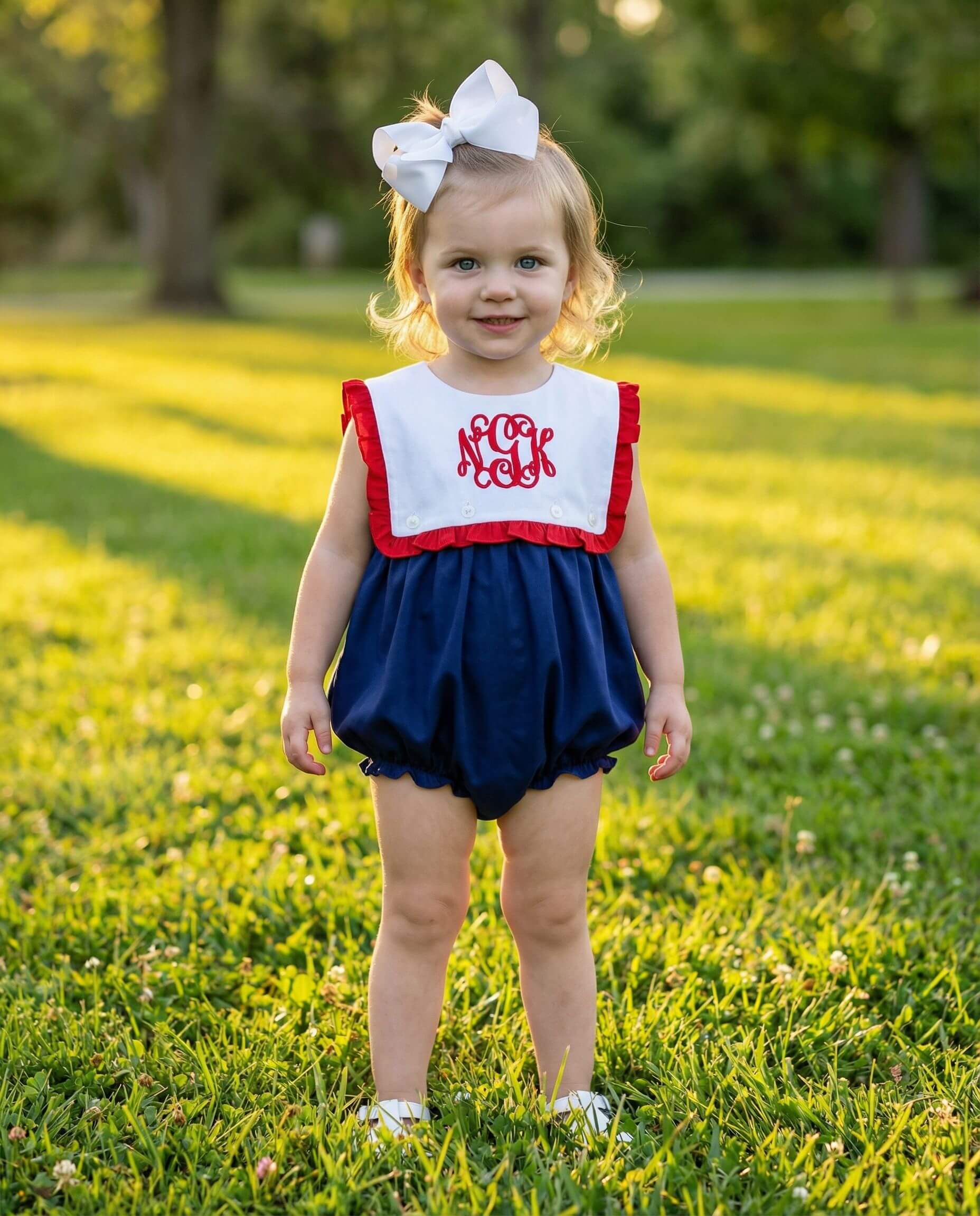 Young child wearing a red, white, and blue outfit with a monogrammed top in a grassy outdoor setting.