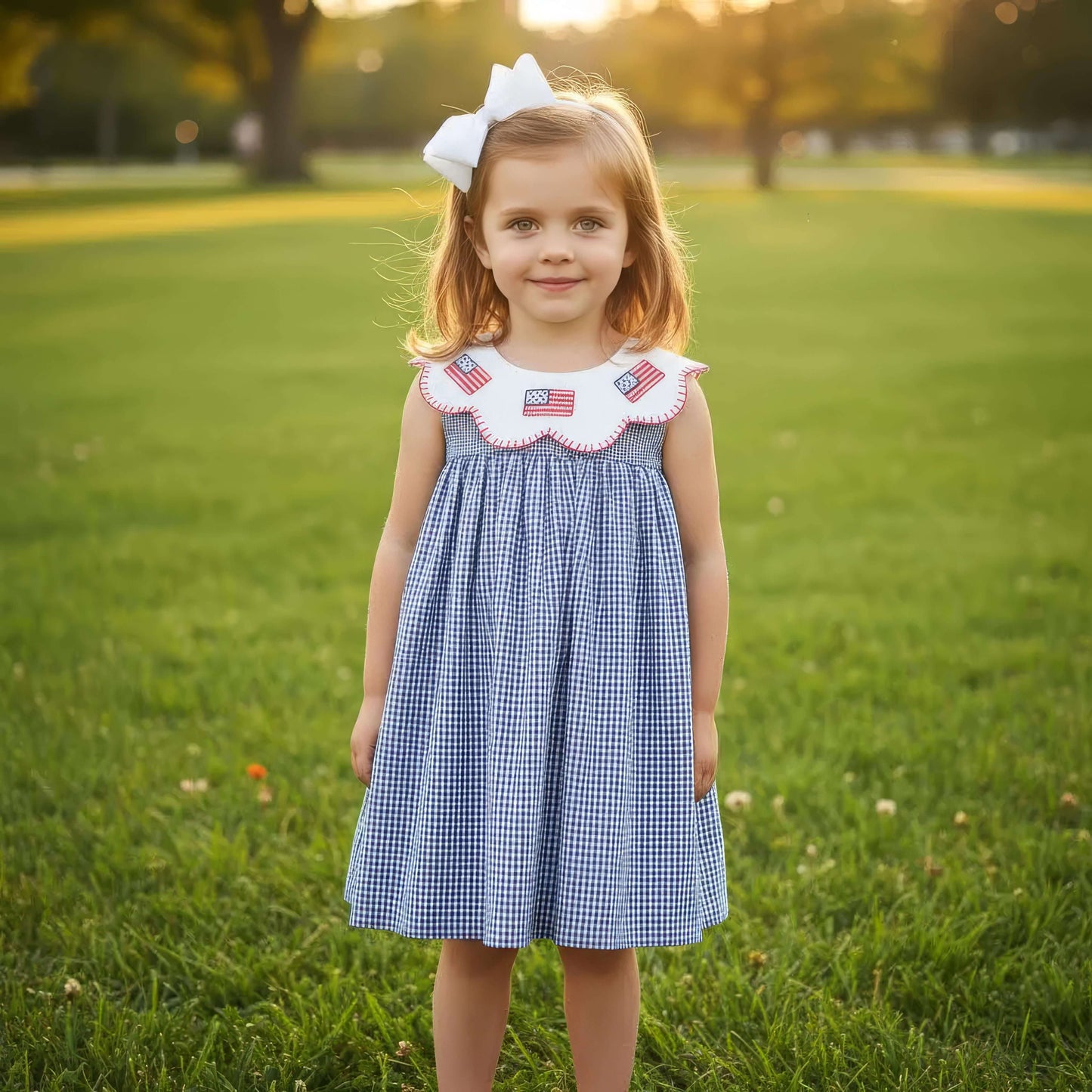 Young girl in a blue checkered dress with American flag details standing in a grassy field.